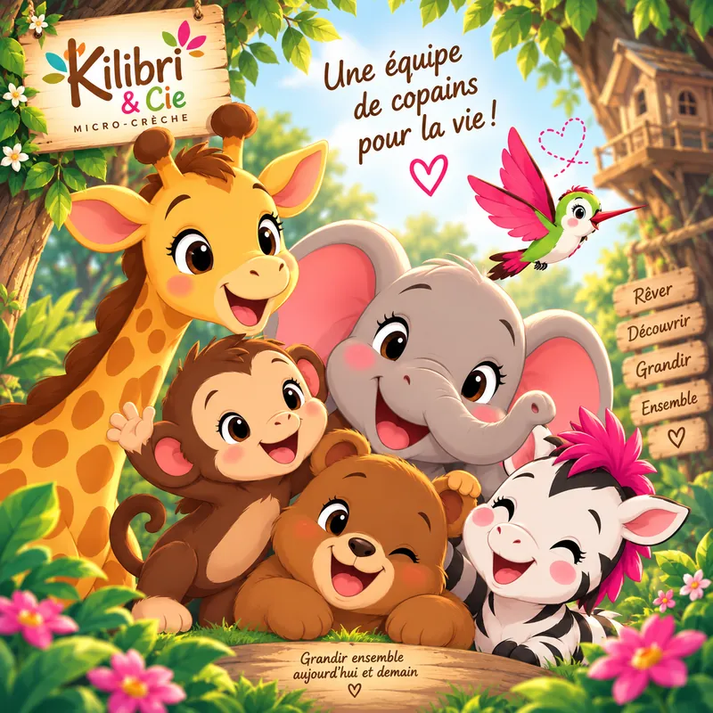 Une équipe de copains pour la vie : la girafe, l'éléphant, le singe, l'ourson, le zèbre et le colibri de Kilibri